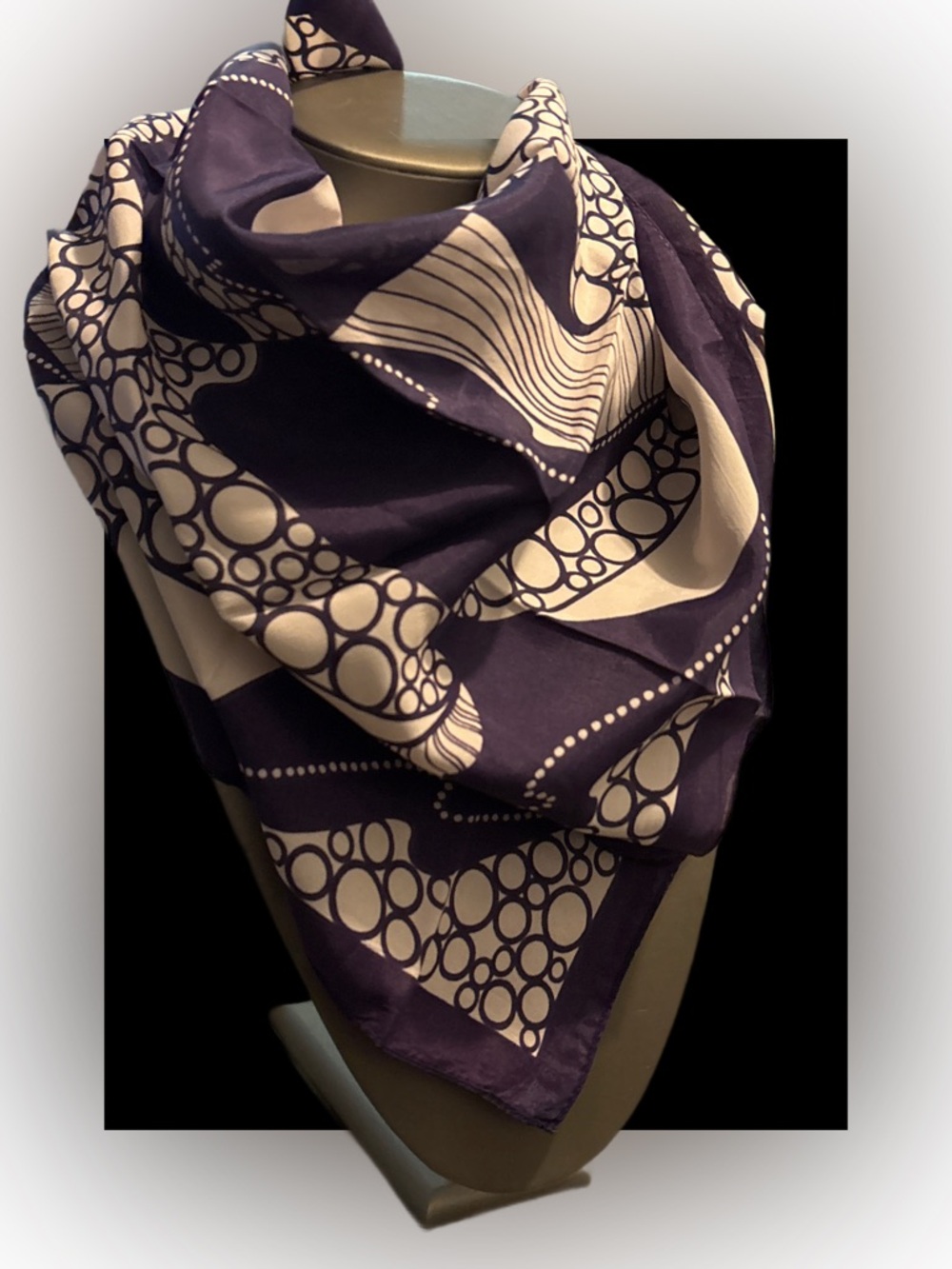 Vintage Abstract Pattern Scarf in Eggplant and Cream 25” X 25”